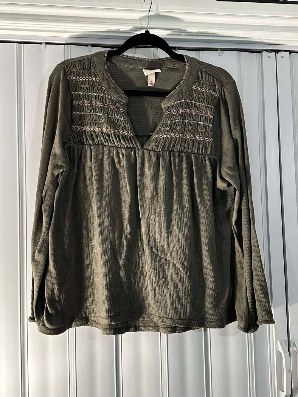 Olive Green Long-Sleeve boho Peasant Top -